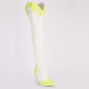 Vibrant White and Neon Over the Knee Boots